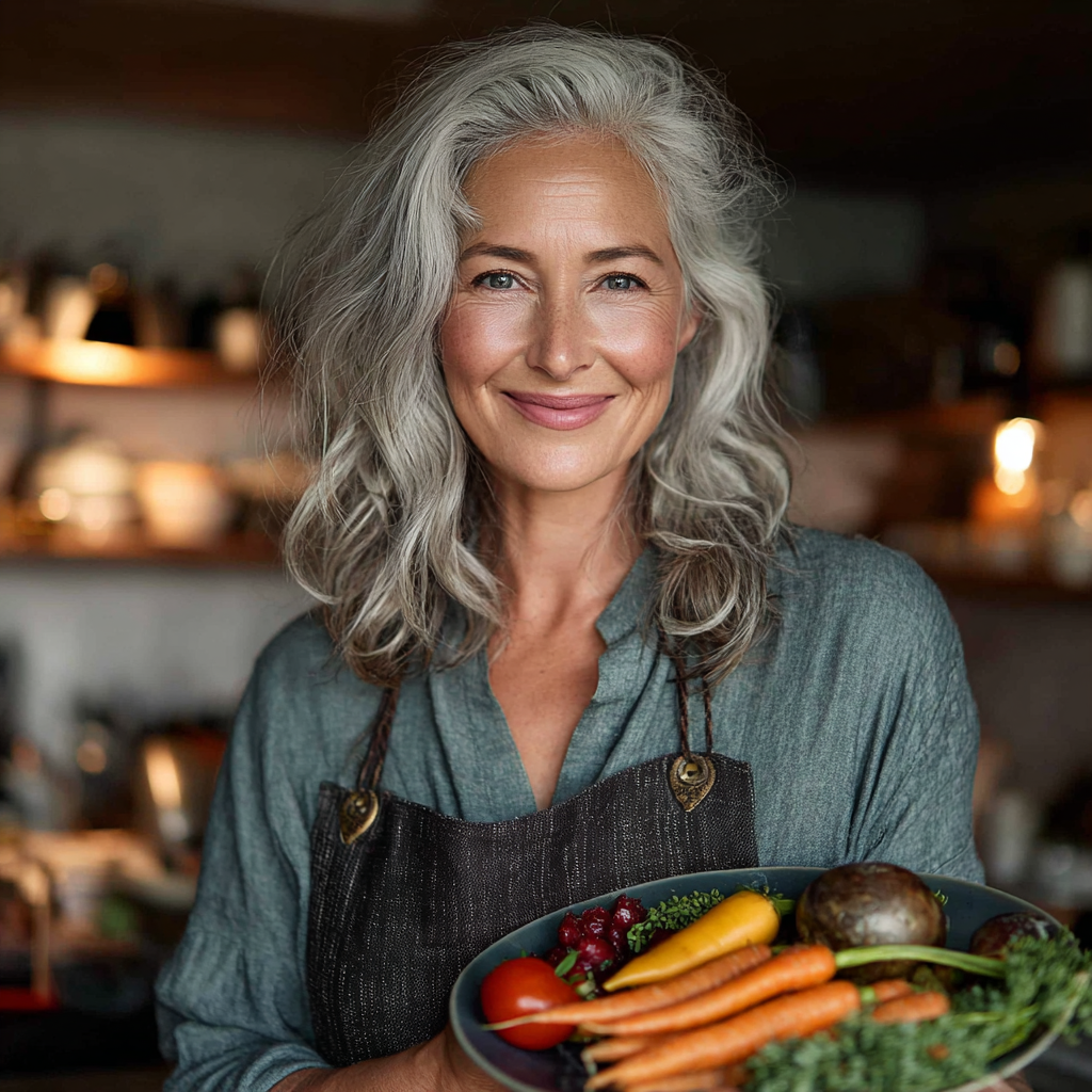 Жінка віком 55 років з посмішкою тримає в руках тарілку зі здоровою їжею на кухні