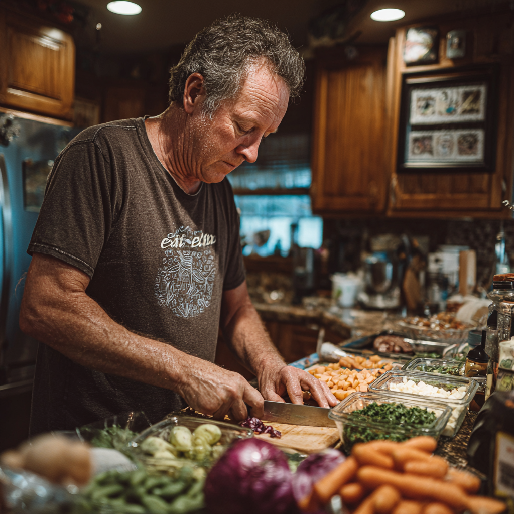 Чоловік віком 60 років займається приготуванням здорової їжі у себе на кухні