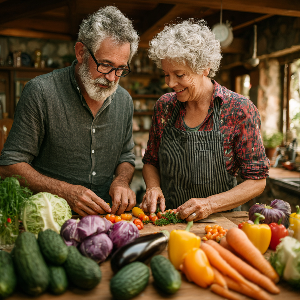 Активна пара віком 50-55 років готує разом салат з свіжих овочів